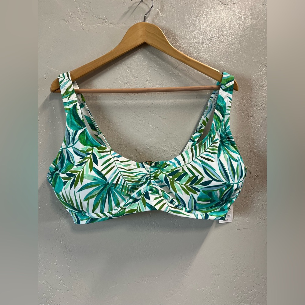 Shade & Shore Women White Green Tropical Leaf Print Bikini Top Size 20 Underwire